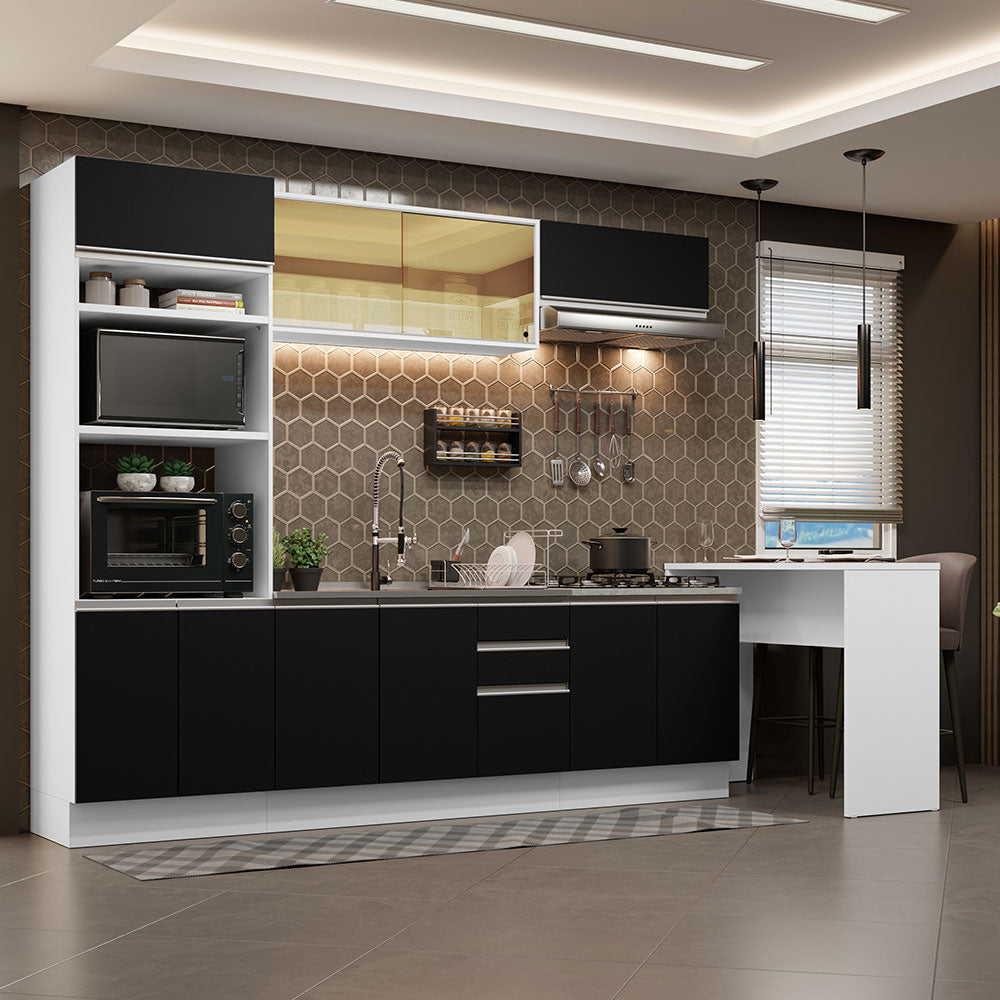 Armário de Cozinha Completa 315cm Branco/Preto Glamy Madesa 01