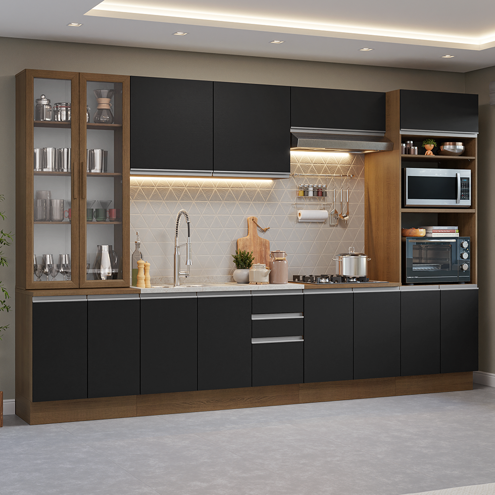 Armário de Cozinha Completa 340cm Rustic/Preto Glamy Madesa 01