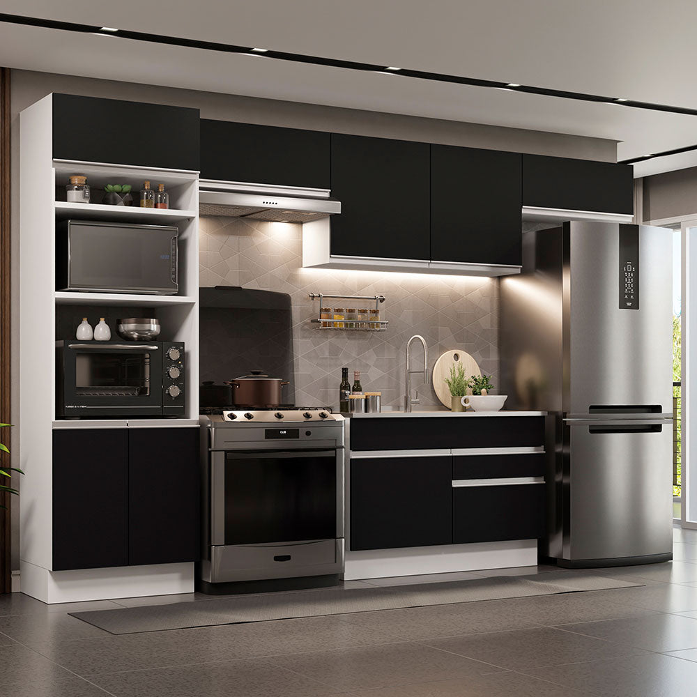 Armário de Cozinha Completa 350cm Branco/Preto Glamy Madesa 01