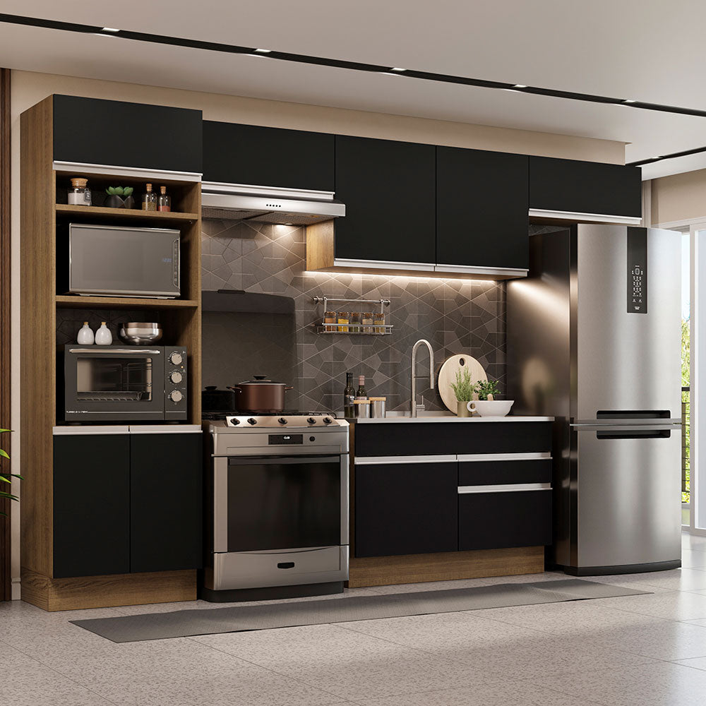 Armário de Cozinha Completa 350cm Rustic/Preto Glamy Madesa 01