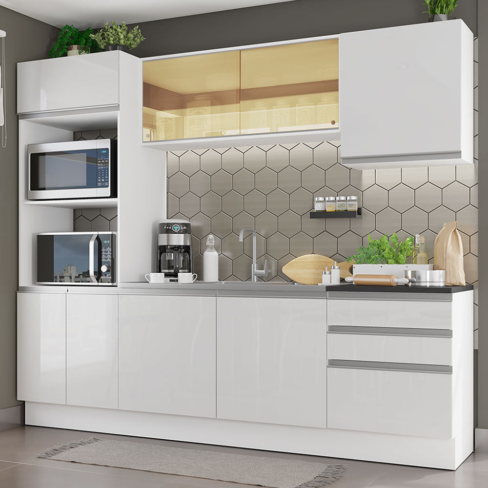 Armário de Cozinha Completa 100% MDF 250cm Frentes Branco Brilho Acordes Madesa 01