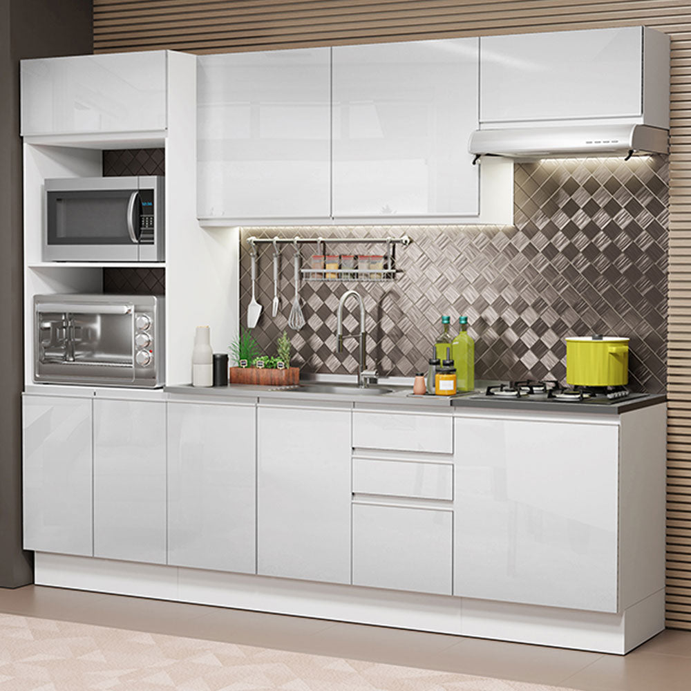Armário de Cozinha Completa 100% MDF 250cm Frentes Branco Brilho Acordes Madesa 03