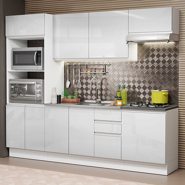 Armário de Cozinha Completa 100% MDF 250cm Frentes Branco Brilho Acordes Madesa 03