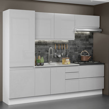 Armário de Cozinha Completa 100% MDF 260cm Frentes Branco Brilho Acordes Madesa 01