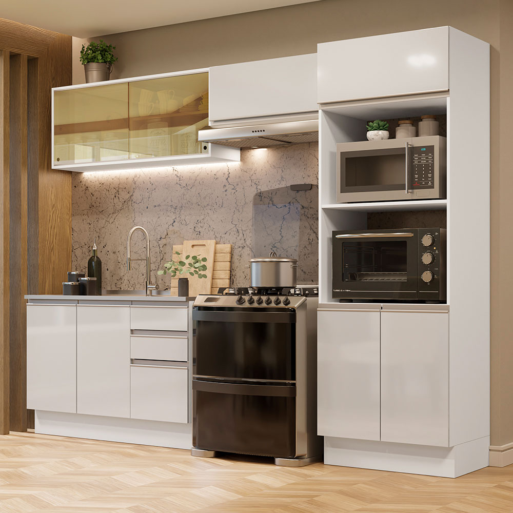 Armário de Cozinha Completa 100% MDF 270cm Frentes Branco Brilho Acordes Madesa 08