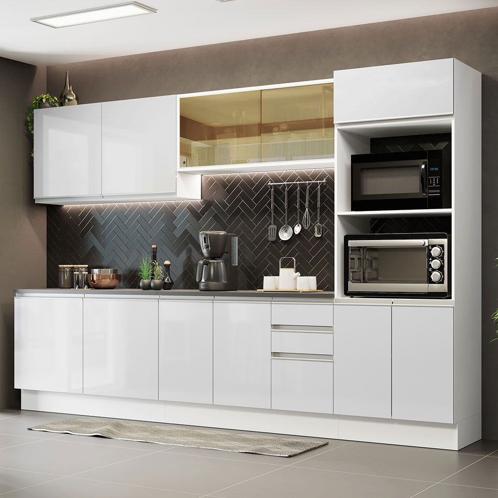 Armário de Cozinha Completa 100% MDF 310cm Frentes Branco Brilho Acordes Madesa 01