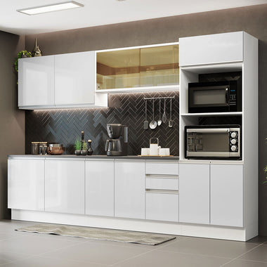 Armário de Cozinha Completa 100% MDF 310cm Frentes Branco Brilho Acordes Madesa 01