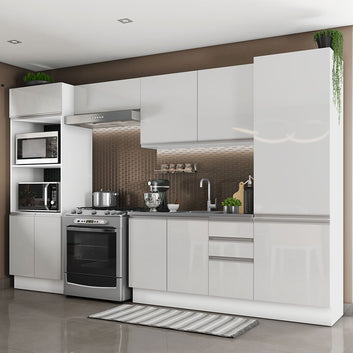 Armário de Cozinha Completa 100% MDF 330cm Frentes Branco Brilho Acordes Madesa 02