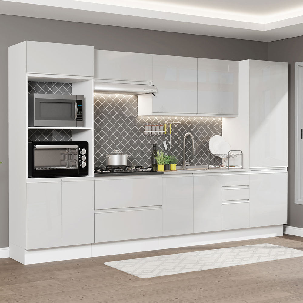Armário de Cozinha Completa 100% MDF 330cm Frentes Branco Brilho Acordes Madesa 05