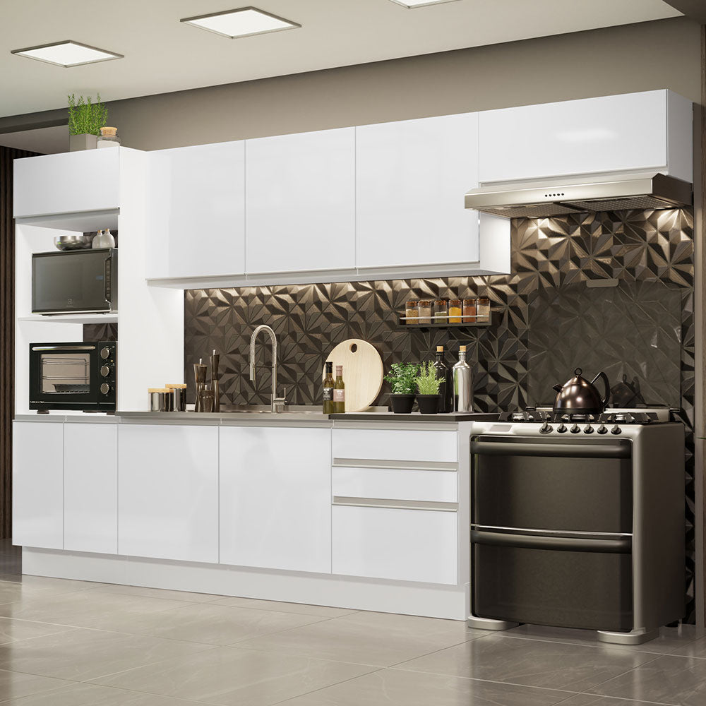 Armário de Cozinha Completa 100% MDF 330cm Frentes Branco Brilho Acordes Madesa 06