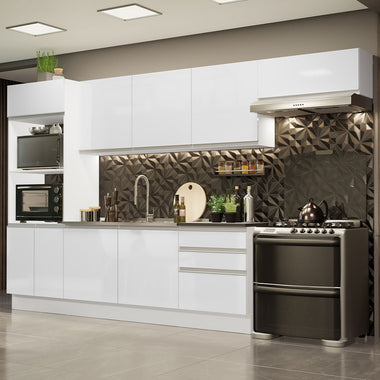 Armário de Cozinha Completa 100% MDF 330cm Frentes Branco Brilho Acordes Madesa 06