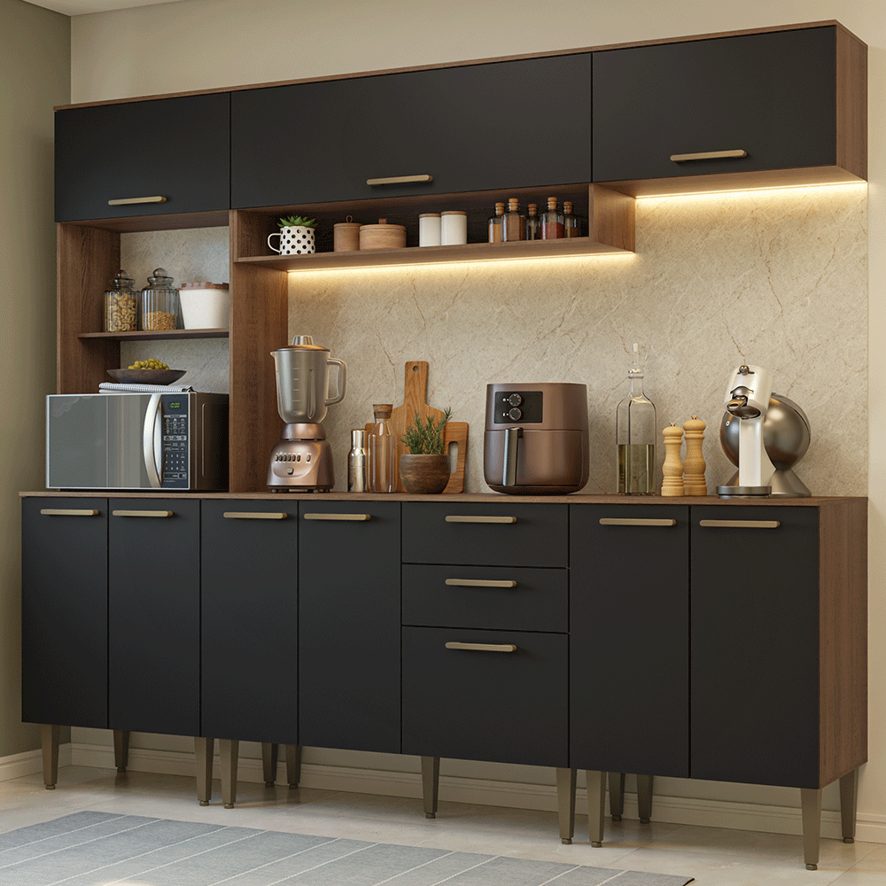 Armário de Cozinha Completa 225 cm Rustic/Preto Lille Madesa 01