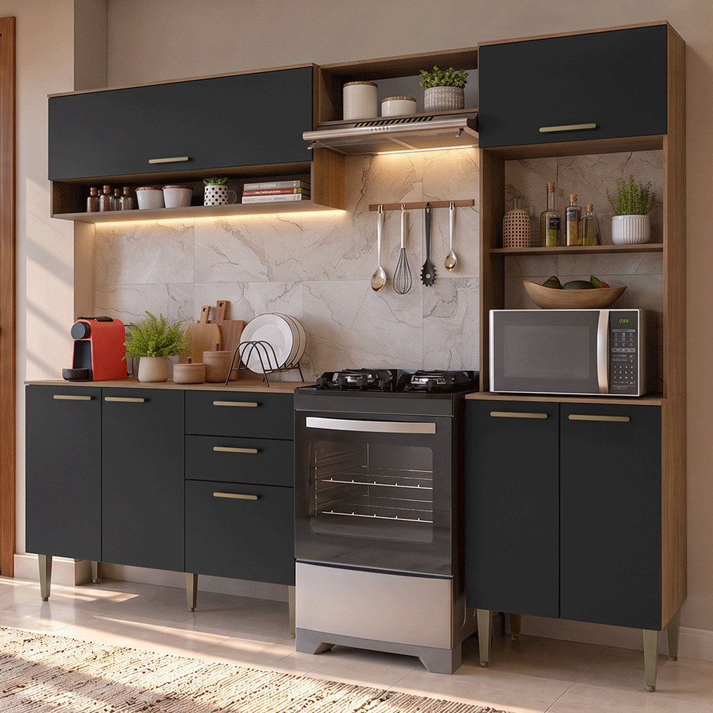 Armário de Cozinha Completa 225 cm Rustic/Preto Lille Madesa 02