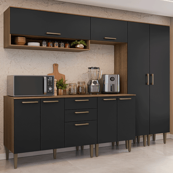 Armário de Cozinha Completa 245 cm Rustic/Preto Lille Madesa 01