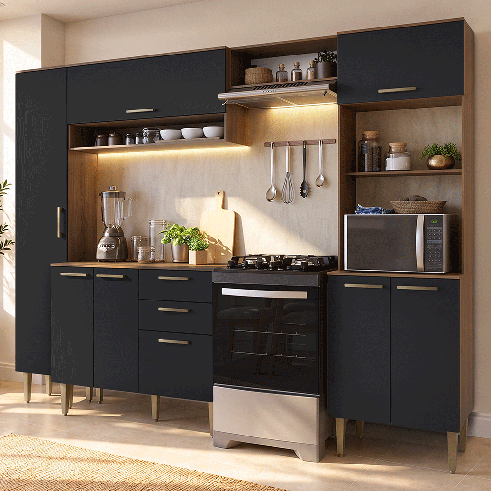 Armário de Cozinha Completa 265 cm Rustic/Preto Lille Madesa 02