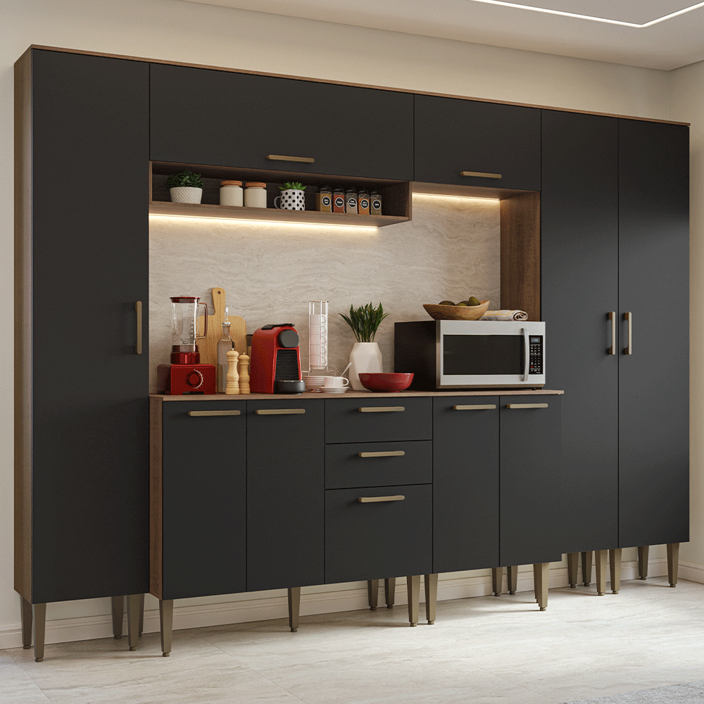 Armário de Cozinha Completa 285 cm Rustic/Preto Lille Madesa 01