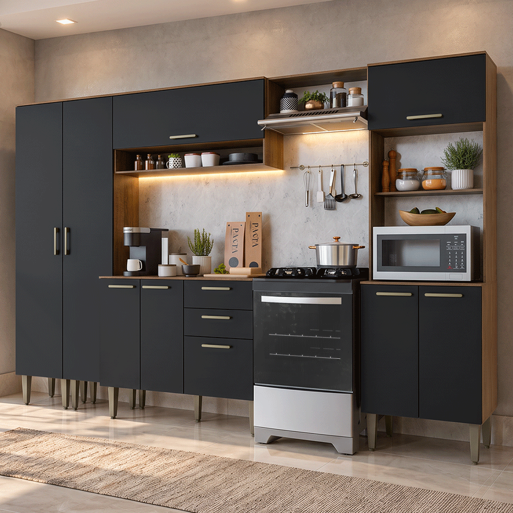 Armário de Cozinha Completa 305 cm Rustic/Preto Lille Madesa 02