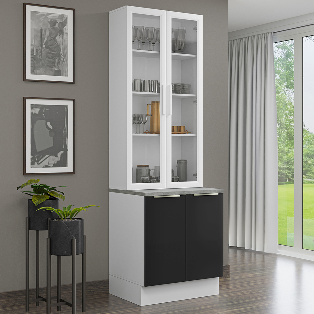Kit Balcão + Cristaleira 70 x 60 cm Branco/Preto Lux Madesa 01