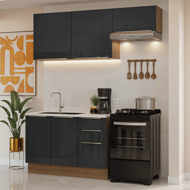 Armário de Cozinha Compacta 180 cm Rustic/Preto Lux Madesa 02