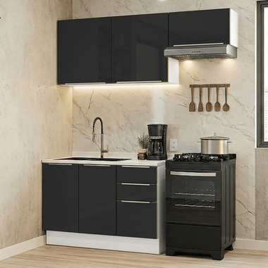 Armário de Cozinha Compacta 180 x 60 cm Branco/Preto Lux Madesa 03