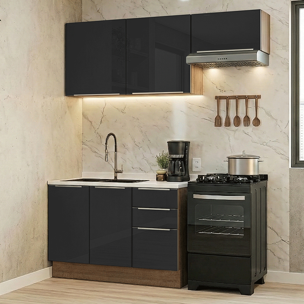 Armário de Cozinha Compacta 180 x 60 cm Rustic/Preto Lux Madesa 03