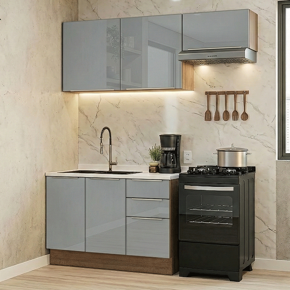 Armário de Cozinha Compacta 180 x 60 cm Rustic/Cinza Lux Madesa 03