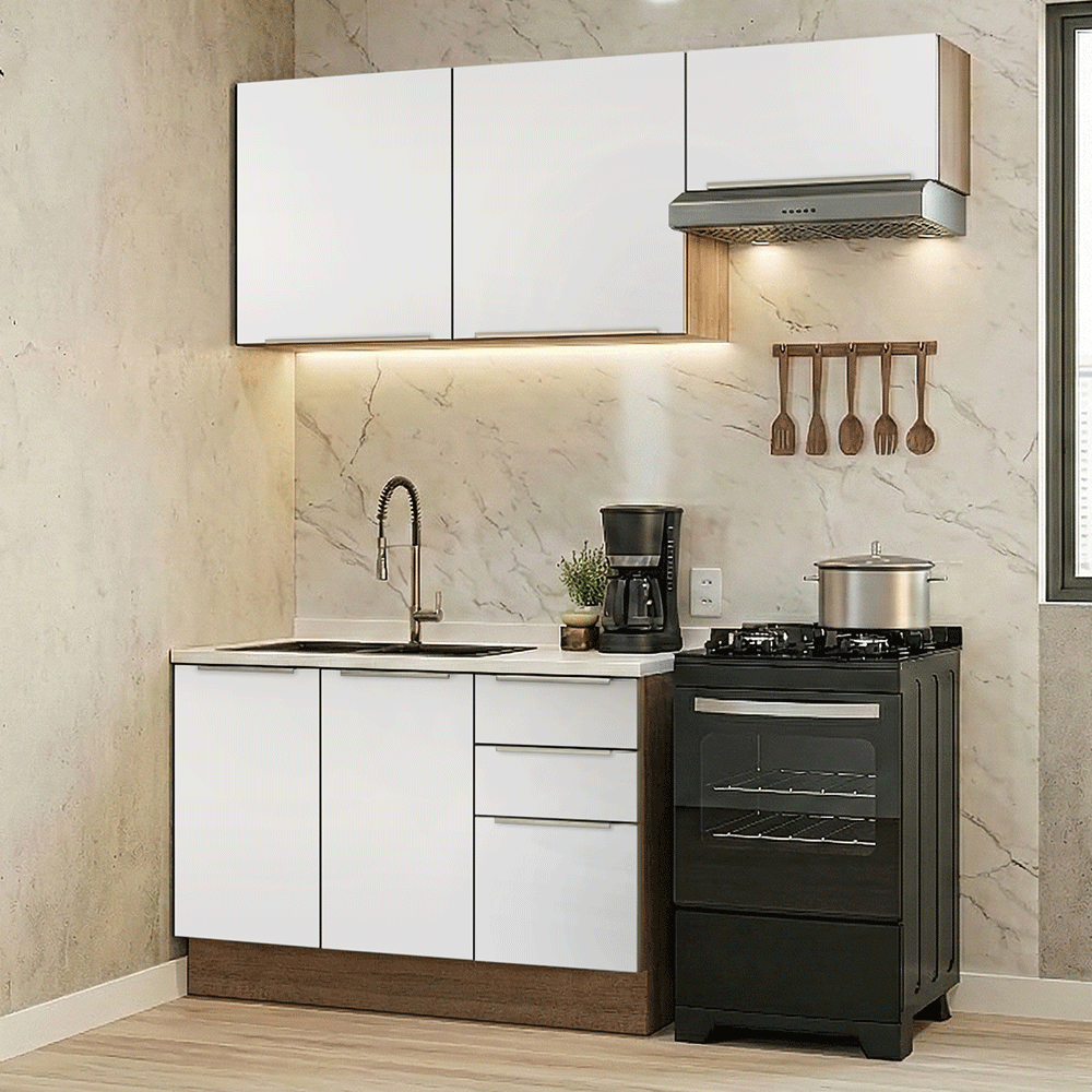 Armário de Cozinha Compacta 180 x 60 cm Rustic/Branco Veludo Lux Madesa 03