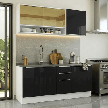 Armário de Cozinha Compacta 180 x 60 cm Branco/Preto Lux Madesa 05