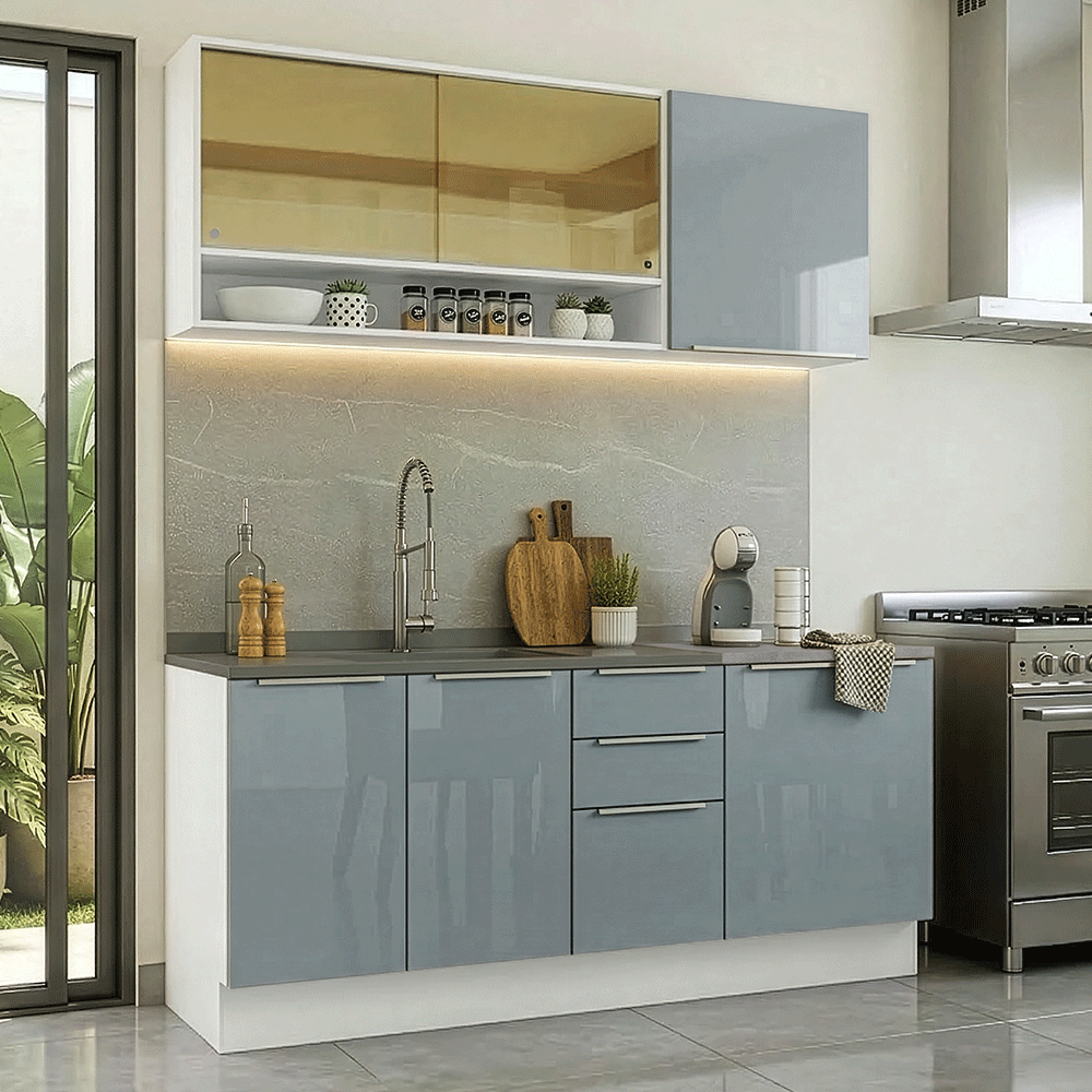 Armário de Cozinha Compacta 180 x 60 cm Branco/Cinza Lux Madesa 05