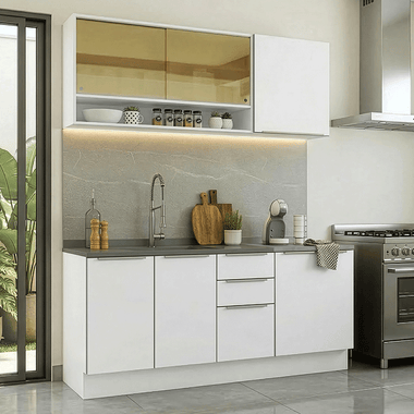Armário de Cozinha Compacta 180 x 60 cm Branco/Branco Veludo Lux Madesa 05