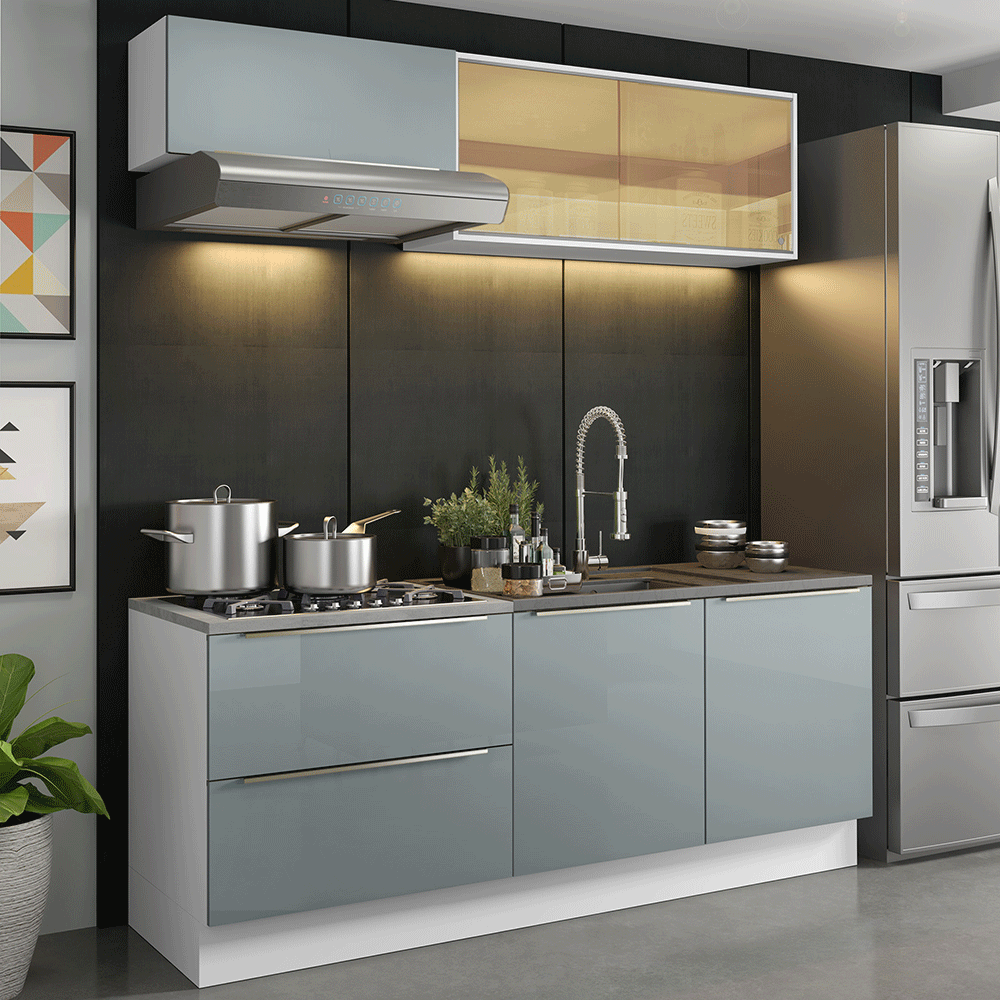 Armário de Cozinha Compacta 200 x 60 cm Branco/Cinza Lux Madesa 01