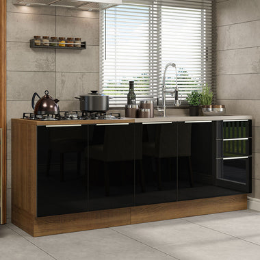 Kit com 2 Balcões de Cozinha 4 Portas 3 Gavetas 200 x 60 cm (Sem Tampo e Pia) Rustic/Preto Lux Madesa