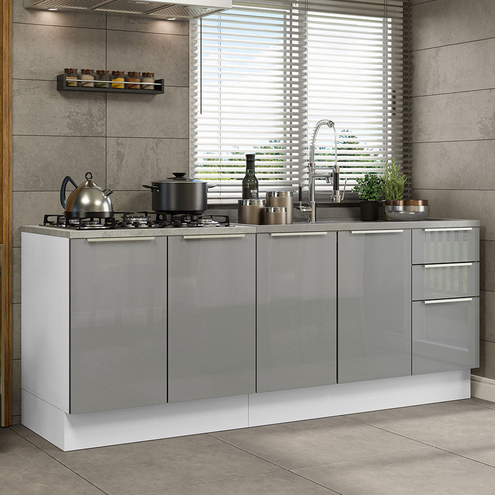 Kit com 2 Balcões de Cozinha 4 Portas 3 Gavetas 200 x 60 cm (Sem Tampo e Pia) Branco/Cinza Lux Madesa