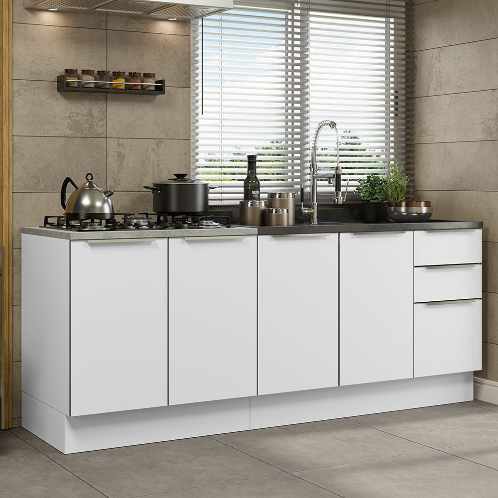 Kit com 2 Balcões de Cozinha 4 Portas 3 Gavetas 200 x 60 cm (Sem Tampo e Pia) Branco/Branco Veludo Lux Madesa