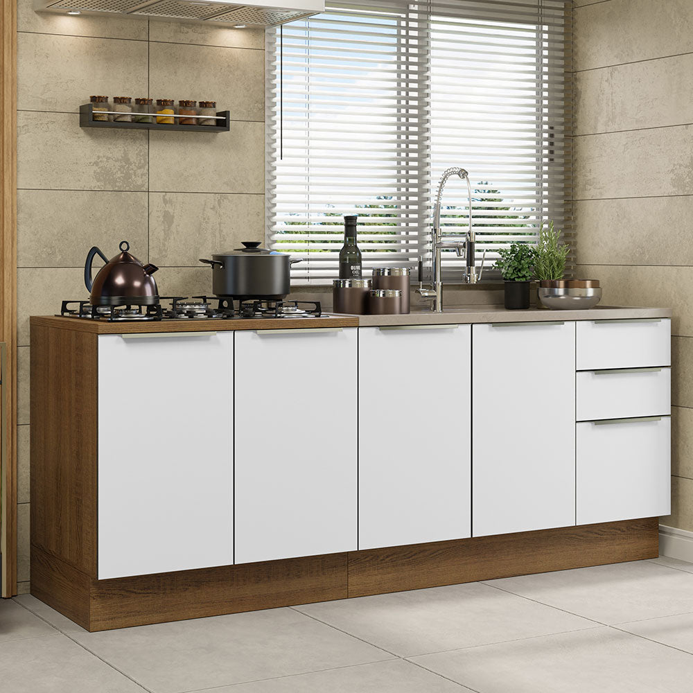 Kit com 2 Balcões de Cozinha 4 Portas 3 Gavetas 200 x 60 cm (Sem Tampo e Pia) Rustic/Branco Veludo Lux Madesa