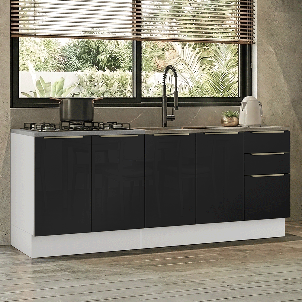 Armário de Cozinha Compacta 200 x 60 cm Branco/Preto Lux Madesa 06