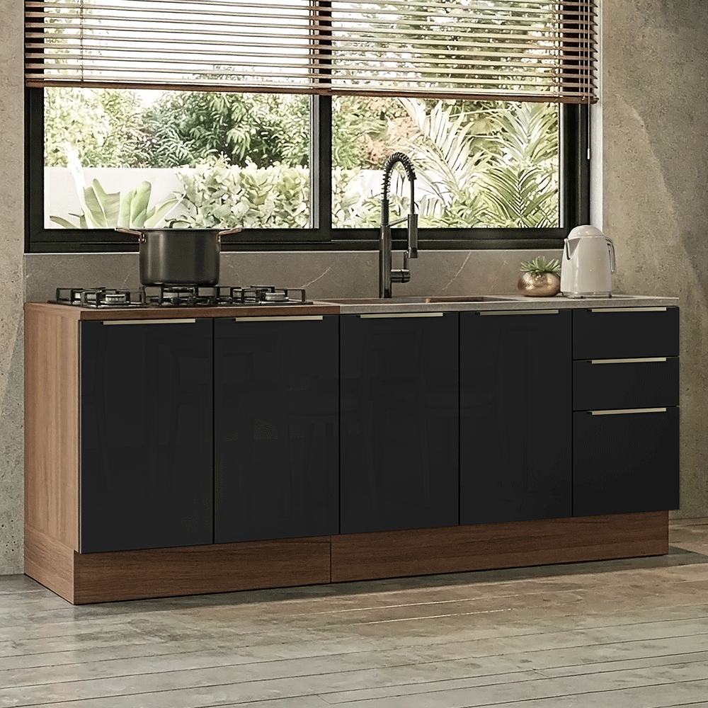 Armário de Cozinha Compacta 200 cm Rustic/Preto Lux Madesa 06