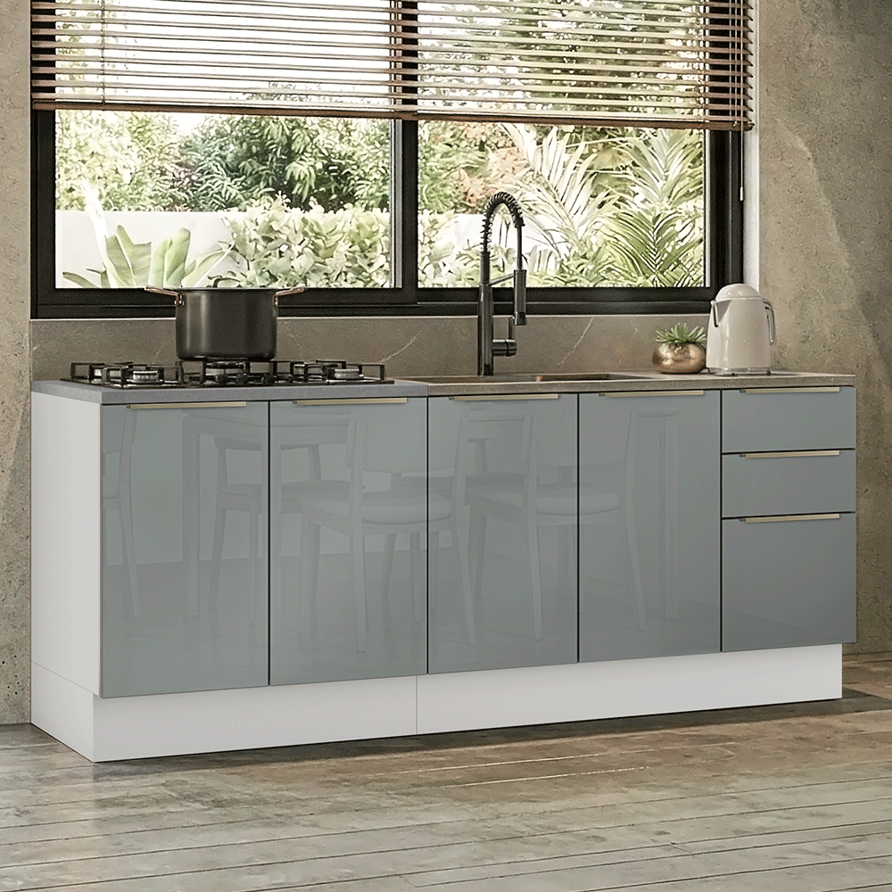Armário de Cozinha Compacta 200 x 60 cm Branco/Cinza Lux Madesa 06