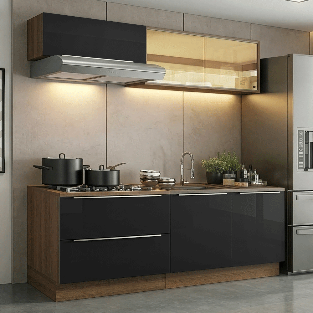 Armário de Cozinha Compacta 200 cm Rustic/Preto Lux Madesa 07