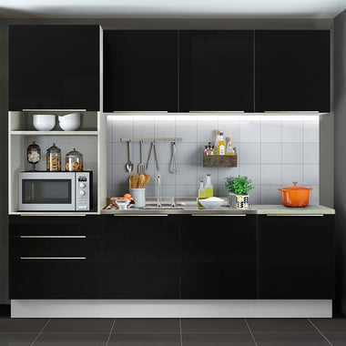 Armário de Cozinha Completa 240 x 60 cm Branco/Preto Lux Madesa 03