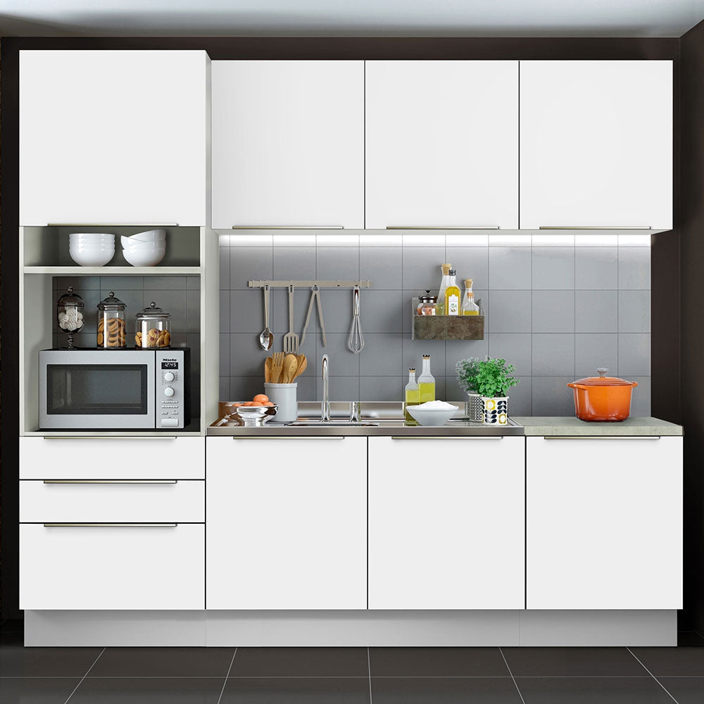 Armário de Cozinha Completa 240 x 60 cm Branco Branco Veludo Lux Madesa 03