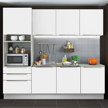 Armário de Cozinha Completa 240 x 60 cm Branco Branco Veludo Lux Madesa 03