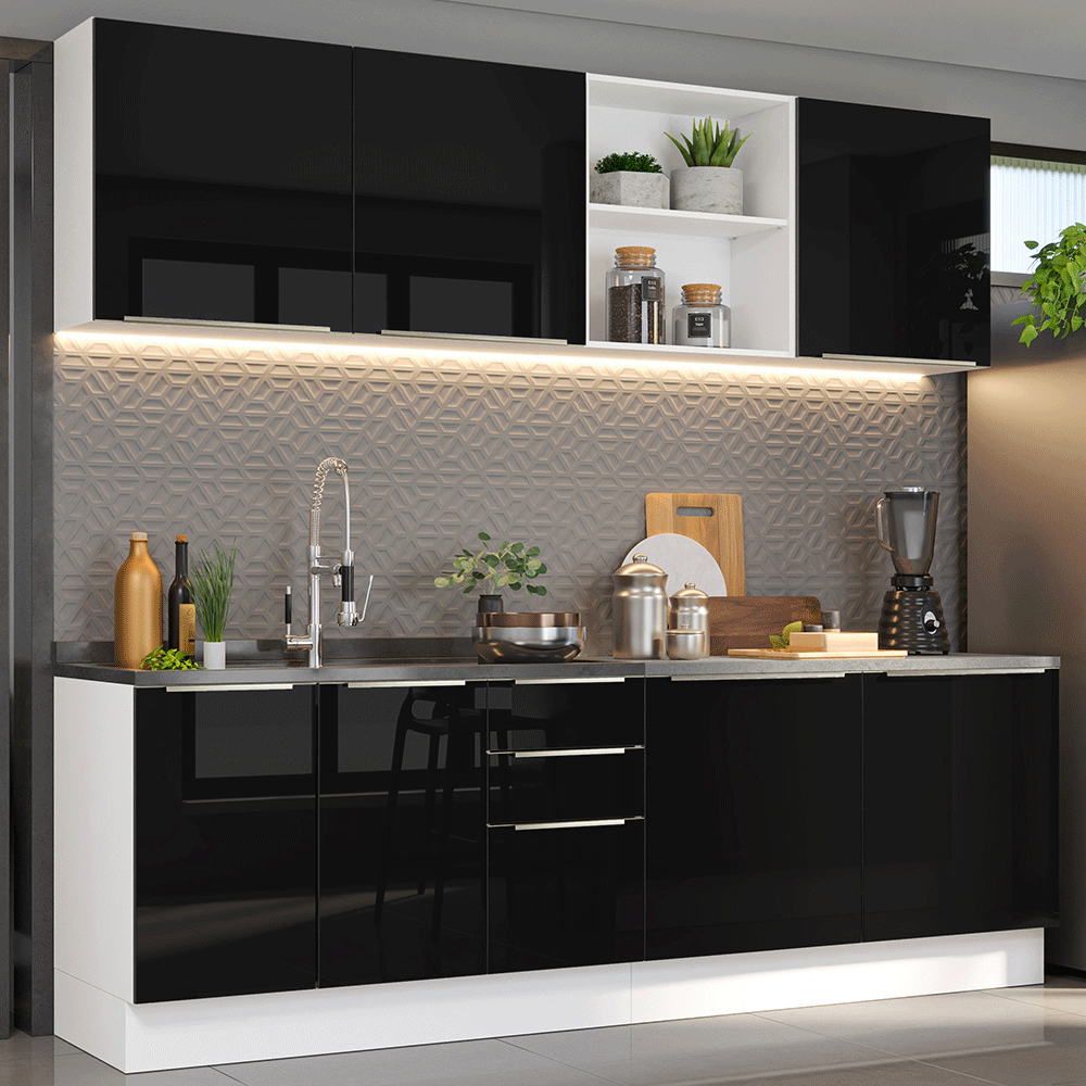 Armário de Cozinha Completa 240 x 60 cm Branco/Preto Lux Madesa 05