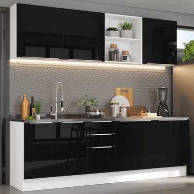 Armário de Cozinha Completa 240 x 60 cm Branco/Preto Lux Madesa 05