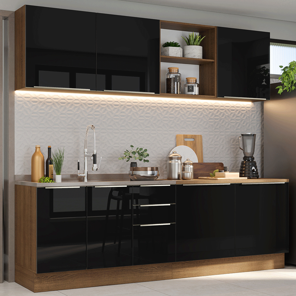 Armário de Cozinha Completa 240 x 60 cm Rustic/Preto Lux Madesa 05