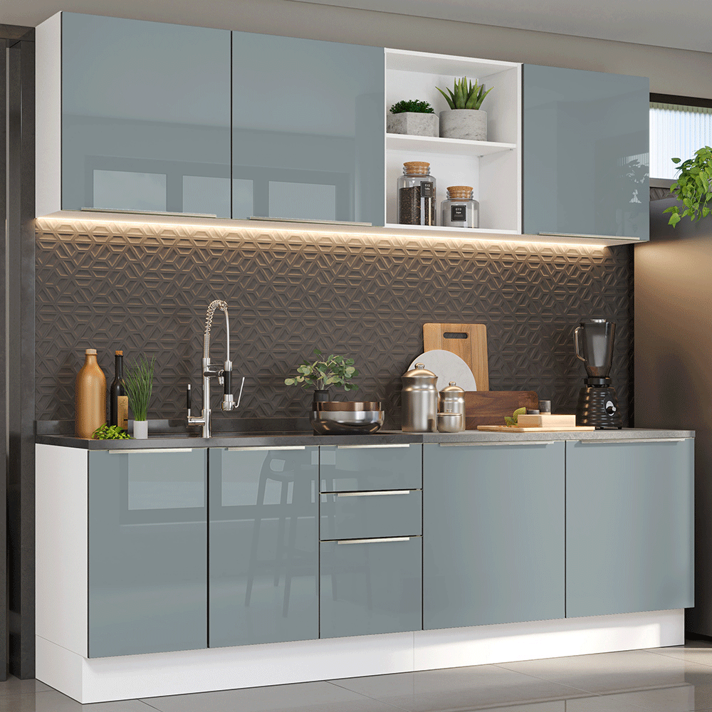 Armário de Cozinha Completa 240 x 60 cm Branco/Cinza Lux Madesa 05