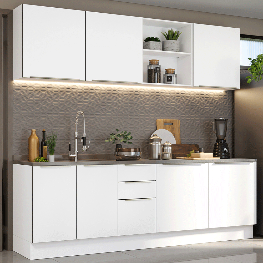 Armário de Cozinha Completa 240 x 60 cm Branco Veludo Lux Madesa 05