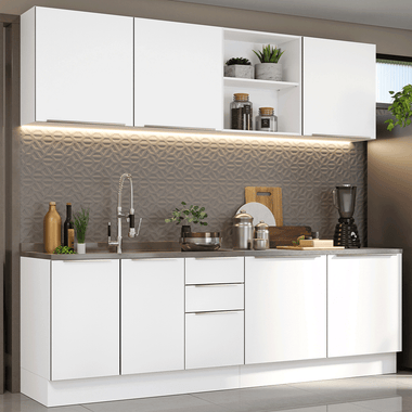 Armário de Cozinha Completa 240 x 60 cm Branco Veludo Lux Madesa 05