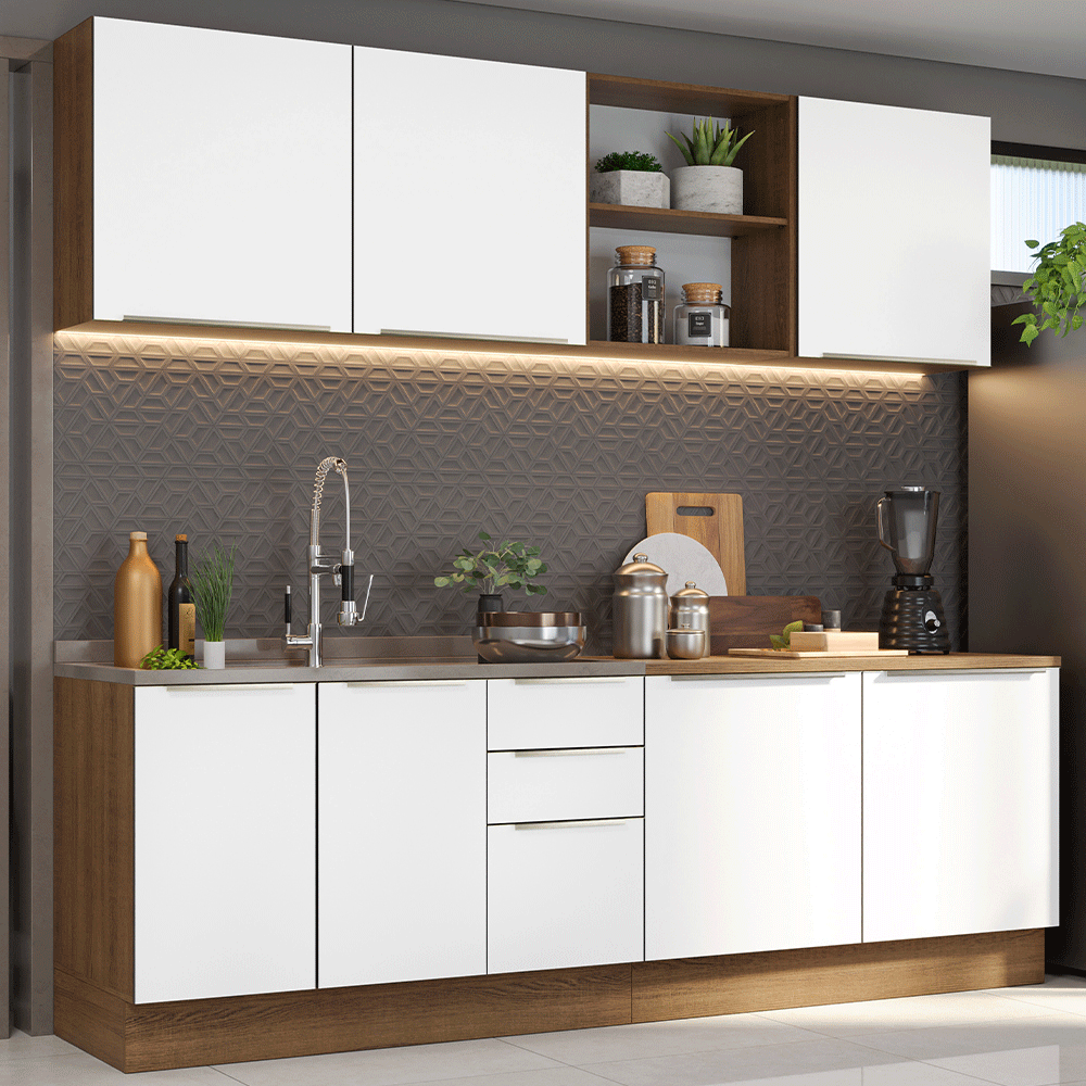 Armário de Cozinha Completa 240 x 60 cm Rustic/Branco Veludo Lux Madesa 05
