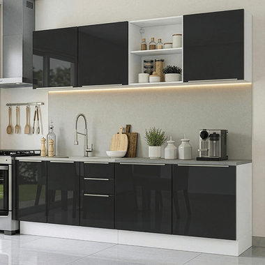 Armário de Cozinha Completa 240 cm Branco/Preto Lux Madesa 09
